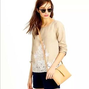 NEW! J. Crew Floral Embroidered 100% Linen Blouse Exposed Zipper Mint Green SZ 2